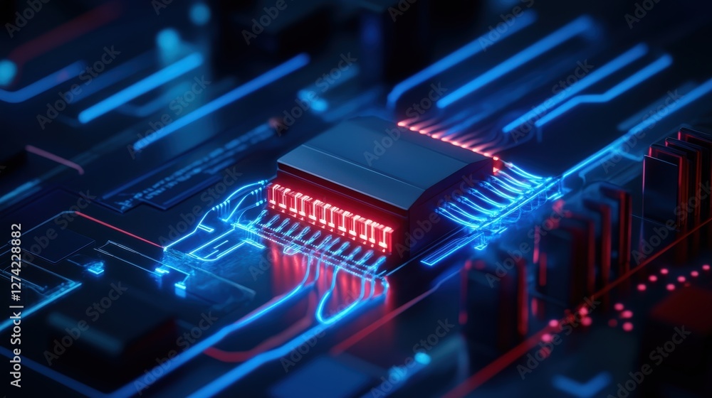 Aufkleber a close-up view of a microchip on a circuit board illuminated with vibrant blue and red lights, symb