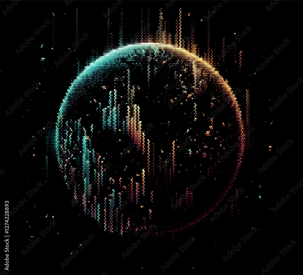 Aufkleber pixelated globeon a black background, creating a digital, cosmic feel. the scattered dots suggest de