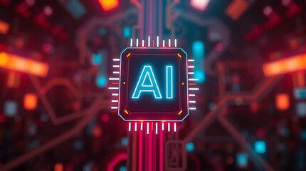 Glowing AI Icon on a Blurred High-Tech Background Symbolizing Artificial Intelligence and Technological Advancement