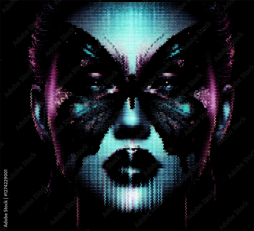 Aufkleber Digital artwork depicting an abstract human face with butterfly-shaped patterns around the eyes. The design uses vibrant colors and pixelated effects, creating a surreal and artistic look.