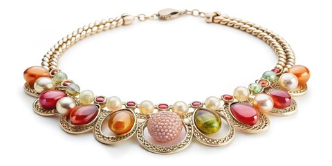 Multicolored Gemstone Necklace on White Background