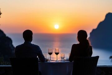Couple enjoying a romantic dinner cliffside terrace luxury travel experience sunset view intimate atmosphere