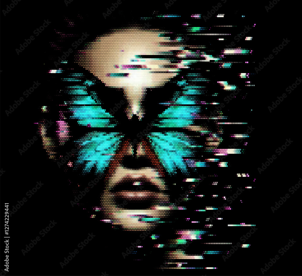 Poster Digital artwork depicting an abstract human face with butterfly-shaped patterns around the eyes. The design uses vibrant colors and pixelated effects, creating a surreal and artistic look.