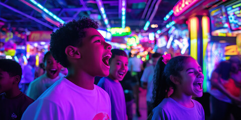 Fototapeta premium Children Reacting to Arcade Games and Lights