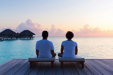 Couple unwinding on overwater loungers luxury villa travel experience serene sunset relaxation concept