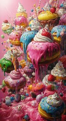 Fototapeta premium Colorful display of dripping donuts topped with icing and sprinkles against a pink background