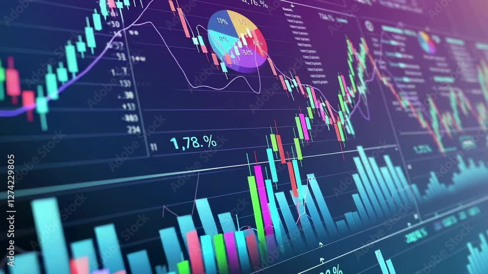 Aufkleber Vibrant financial charts and multicolored pie graphs dynamically fluctuating on digital computer screen, visualizing complex market volatility and economic performance data