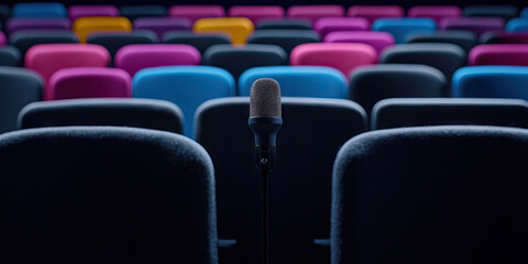 Fototapeta premium Microphone in Multicolored Auditorium Seating