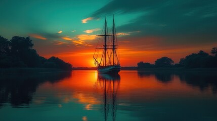 Fototapeta premium Majestic sailing ship at sunset, reflecting on calm water.