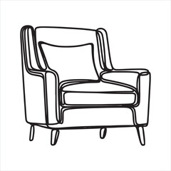 Single one line Armchair in continuous line art drawing style. Upholstered armchair with a pillow black linear sketch isolated on white background silhouette on white background
