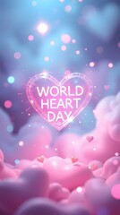 A depiction of World Heart Day Rich deep teal, bright lens flares, soft pastel colors, light streaks, luxurious, vibrant, gentle, soothing atmosphere