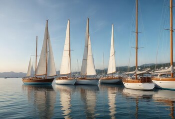 Obraz premium Elegant wooden sailing yachts lined up in a row at the marina, regatta week preparations, marina life, boat docks