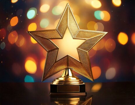 Generated image - A golden star award/trophy with a blank plaque and bokeh background