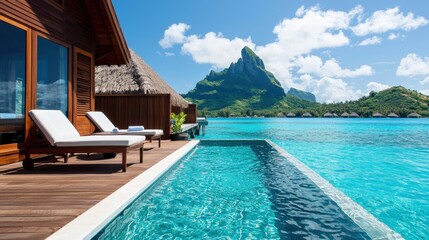 Fototapeta premium Luxury travel to an exotic island beachfront infinity pools with stunning views