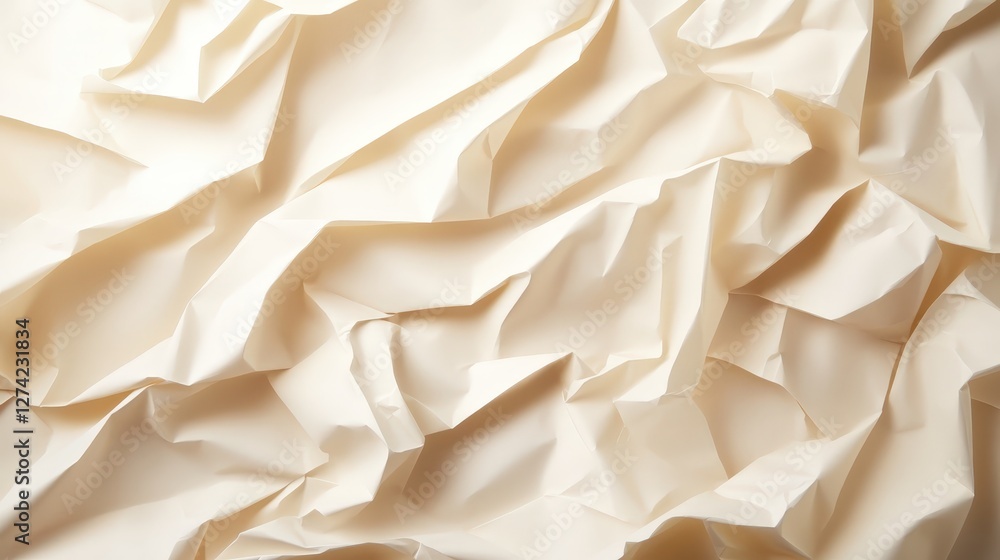 Poster a close-up view of crumpled beige paper, showcasing elegant textures and folds. this background is p