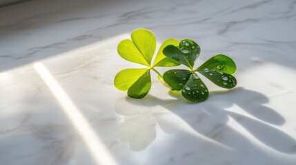 Two four - leaf clovers with water droplets on a marble surface, symbolic of St. Patrick's Day.