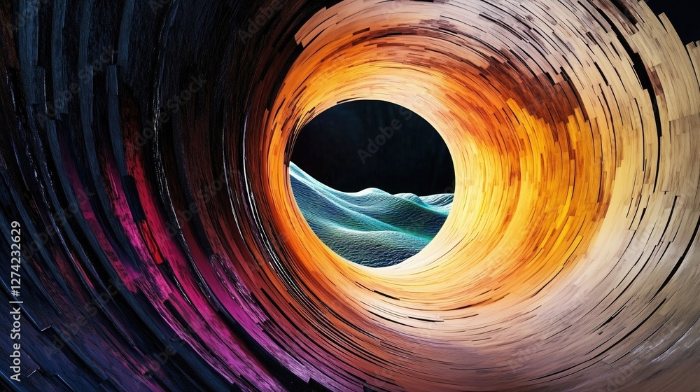 Poster abstract circular tunnel - like composition with vibrant, multi - colored layers leading to a wavy, 
