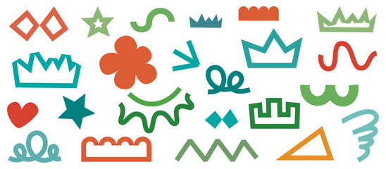 Doodle art vector illustration. Composition of various geometric shapes, circles, arrows, curves, wavy lines, and fun, creative decorative symbols for graphic backgrounds, designs, and decorations.