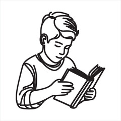 Single one line Boy studying with reading book silhouette on white background
