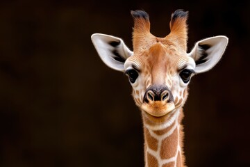 Fototapeta premium Giraffe with distinct features gazes curiously against a dark background in a serene setting