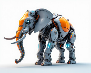 A robotic elephant stands confidently, featuring a blend of orange and gray with intricate mechanical details. This creative fusion of nature and technology presents a fascinating sight.