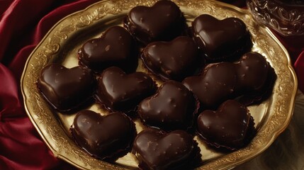 Obraz premium Delicious heart-shaped dark chocolate truffles on a gold plate