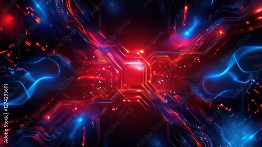 Poster a vibrant and intricate digital artwork showcasing a futuristic circuit design with glowing red and 