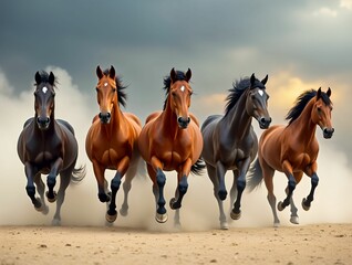 Horses galloping together in a dynamic formation against a dramatic cloudy sky
