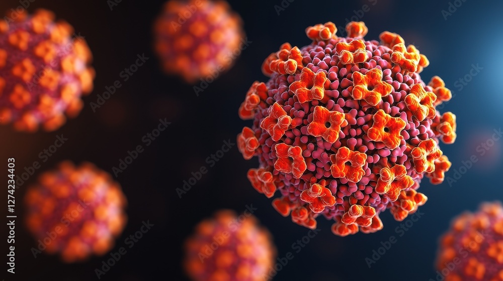 Poster virus hpv concept. floating microscopic virus structure in darkened void with luminous rays
