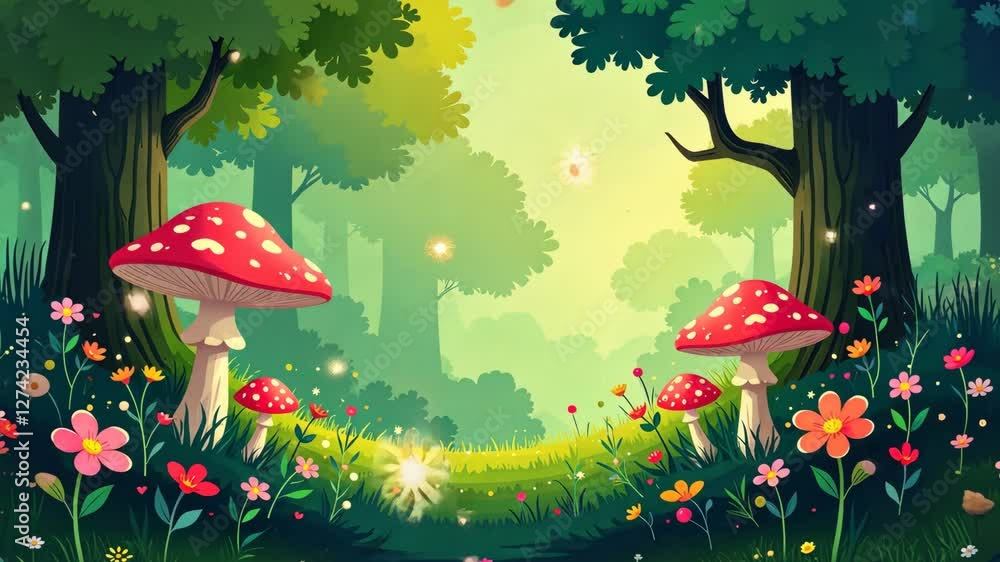 Poster A forest scene with a red mushroom in the foreground and three other mushrooms in the background. There are also flowers in the foreground