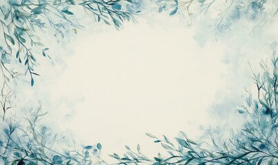 A blue and white background with a frame of leaves