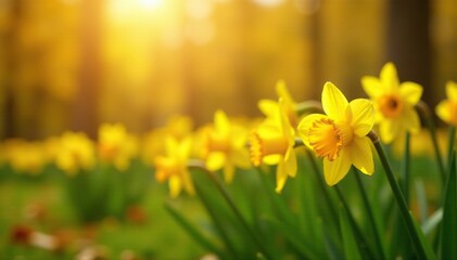 Obraz premium Sun-kissed daffodils swaying in autumn breeze, golden, foliage, nature