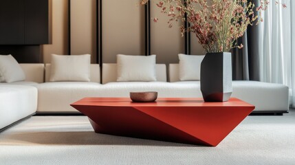 Modern red coffee table in a minimalist living room. Interior design