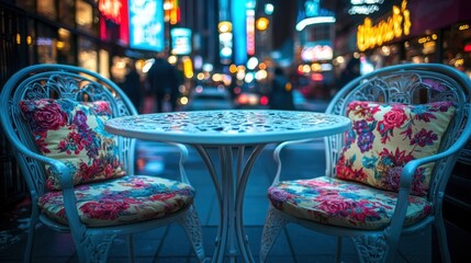Cozy floral seating at a vibrant urban caf? in Times Square, bustling with evening lights and activity