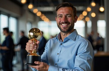 Happy National Employee Appreciation Day. young man proudly holds trophy in modern office setting. winning, achievement, and workplace recognition.