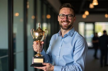 Happy National Employee Appreciation Day. young man proudly holds trophy in modern office setting. winning, achievement, and workplace recognition.