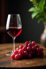 Dark wooden table with wineglass and grapes in the foreground, liquid, wine, dinner