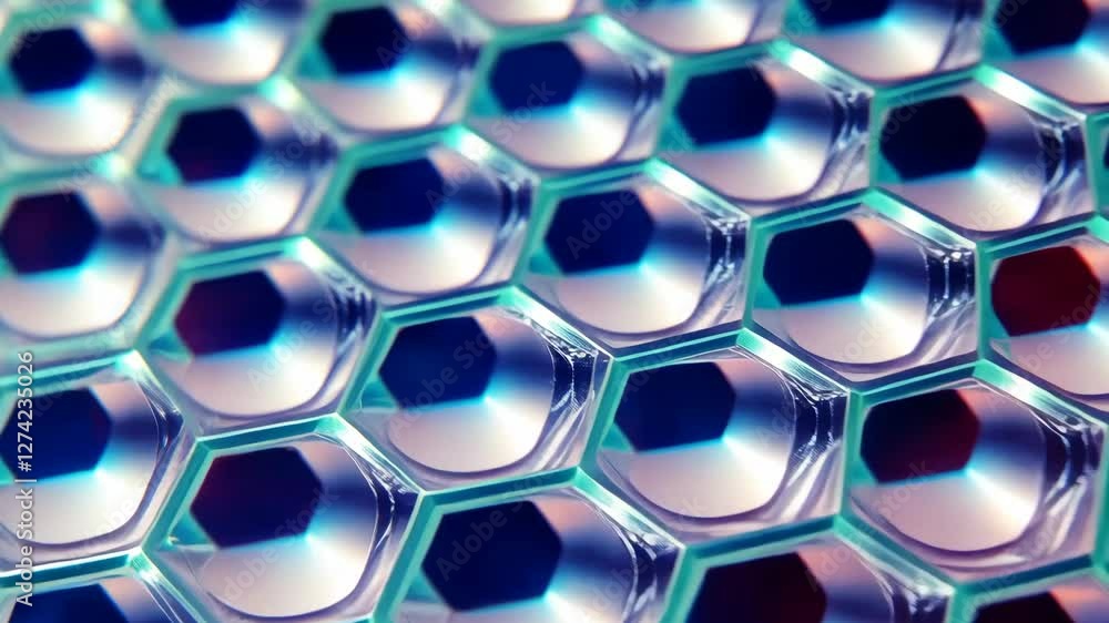 Poster A close up of a hexagonal pattern. The pattern is blue and red. The blue and red colors are very bright