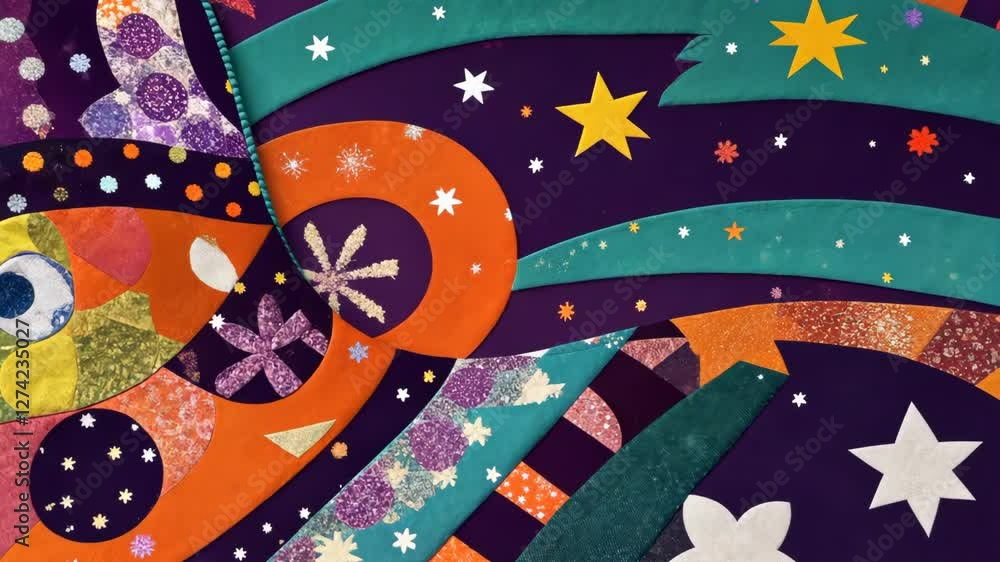 Poster a colorful piece of art with stars and a butterfly. the butterfly is on the left side of the image
