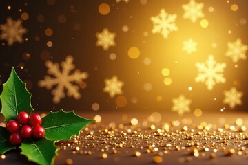 festive sparkling gold background with snowflakes and holly leaves, festive atmosphere