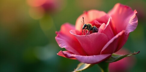 Insect inside a wild rose bud in the morning dew, insect life, petals, insect habitat