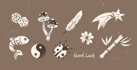 Obraz premium Set of traditional and Asian symbols of good luck. Vector illustrations of elements that bring wealth and prosperity. Collection of flat elements on isolated background.