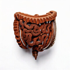 An intestine is made from old, rusted iron on a white background.