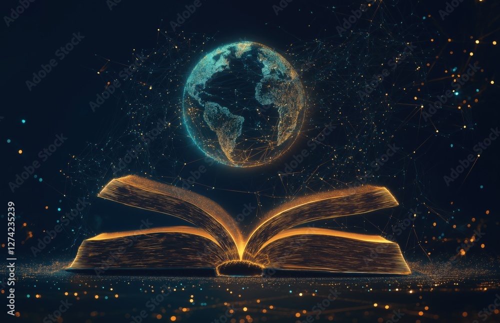 Poster an illuminated book with a digital globe above it, symbolizing knowledge and connection.