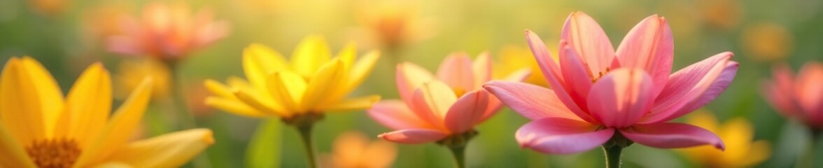 Fototapeta premium Soft petals of yellow and pink flowers gently sway in the breeze, delicate, colorful, blooming