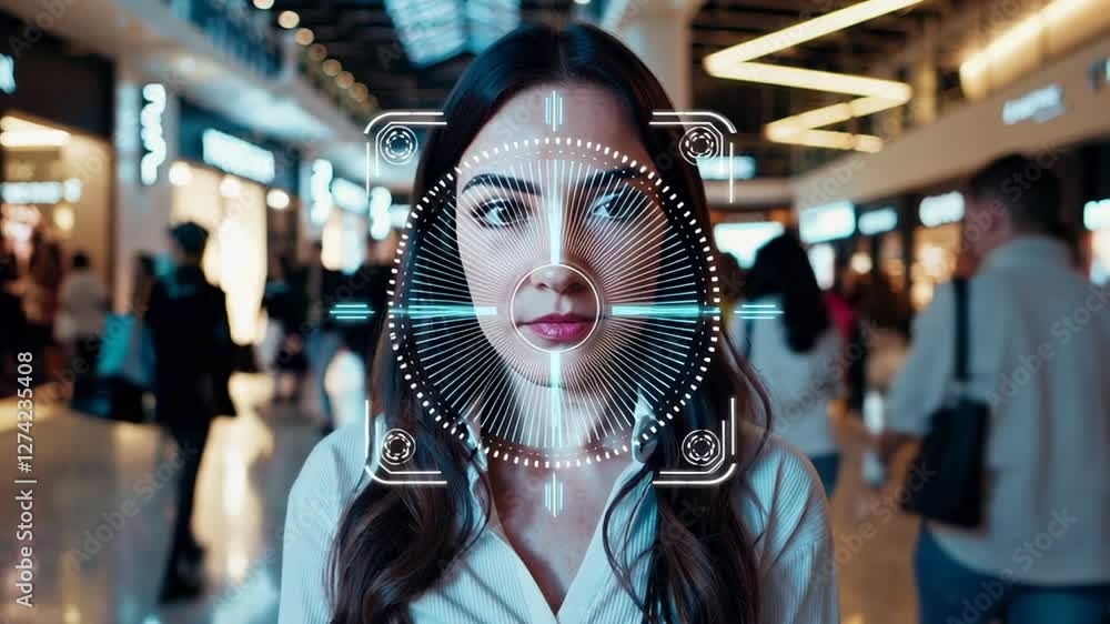Poster Cutting edge security system analyzing woman's facial features in crowded mall, conducting biometric recognition through augmented reality overlay with advanced ai technology
