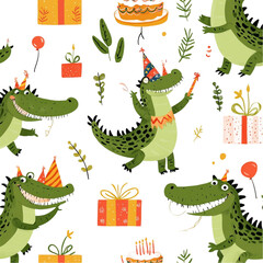 Obraz premium Joyful Crocodiles Celebrate Birthday Party Fun Festive Cheer