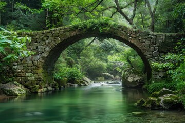 Serene stone bridge over tranquil waters surrounded by lush greenery in a tropical rainforest setting