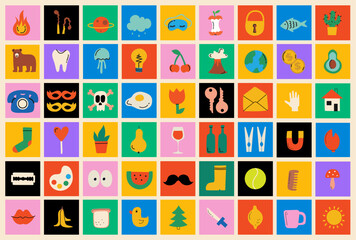 Set of Y2K trend abstract flat shapes in cartoon style. Collection of decorative elements for design in multicolored colors. . Vector shapes Isolated on black background.