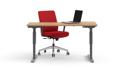 Fototapeta premium Red chair, laptop, adjustable desk, modern office, workspace